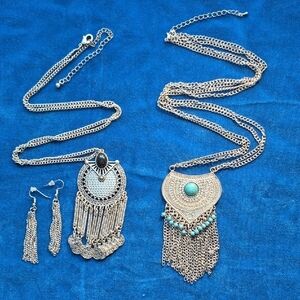 Bohemian Silver-Tone Fringe Pendant Necklaces